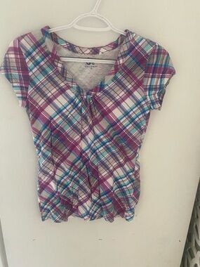 Y2K SO Plaid Short-Sleeve Top in Purple, Teal and White